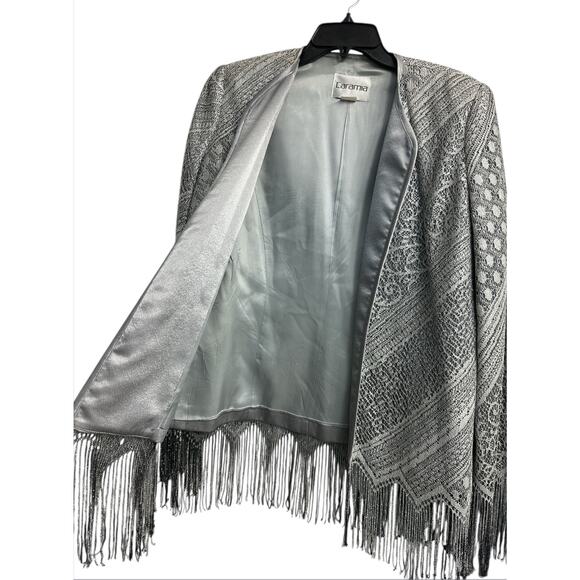 Caramia Vintage Metallic Gray Western 2 piece Suit Jacket Skirt Tassel Womens 12 - Picture 3 of 13